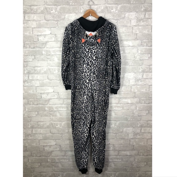 Nick & Nora One Piece Fleece Jogger Cat Pajamas Small Hoodie Black Animal Print - Picture 8 of 12